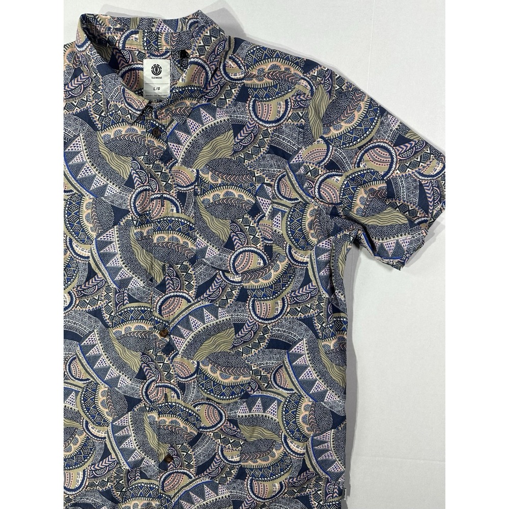 Element Men's Large Short Sleeve Button Up Shirt Abstract Tribal Print Navy Tan